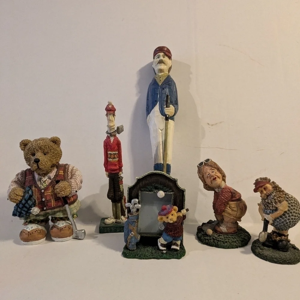 Lot of Golfer Golfing Figurines. Wooden and ceramic.